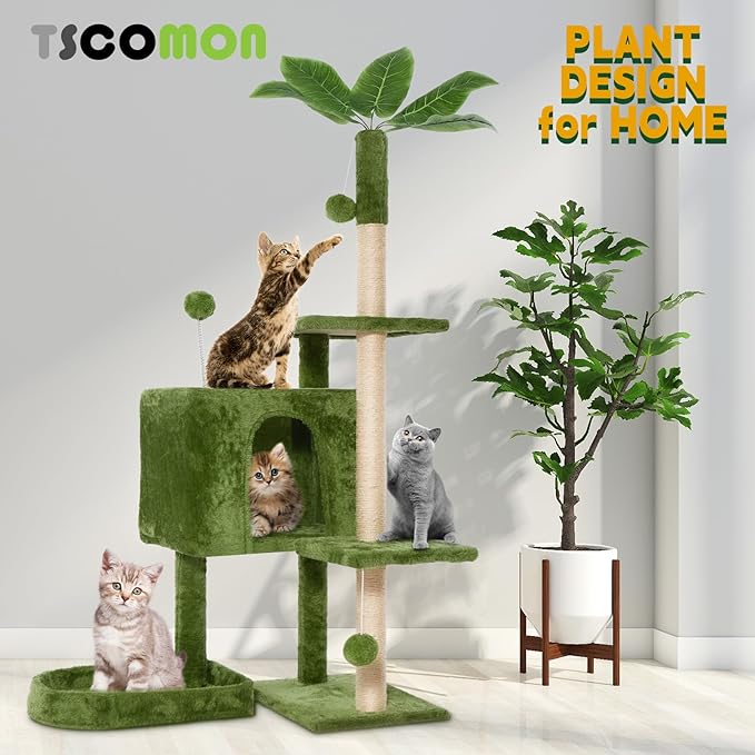 52" Cat Tree Cat Tower for Indoor Cats with Green Leaves, Multi-Level Cozy Plush Cat Condo Cat House Scratching Posts for All Breeds Sizes