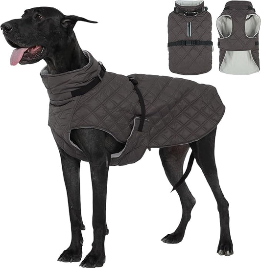 Kuoser Dog Coat Warm Fleece Lining Turtleneck Dog Jacket with Harness Built-in, Windproof Cold Weather Coats with Quick Release Buckle Pet Winter Snowsuit for Extra Large Dogs Great Dane, Grey 3XL