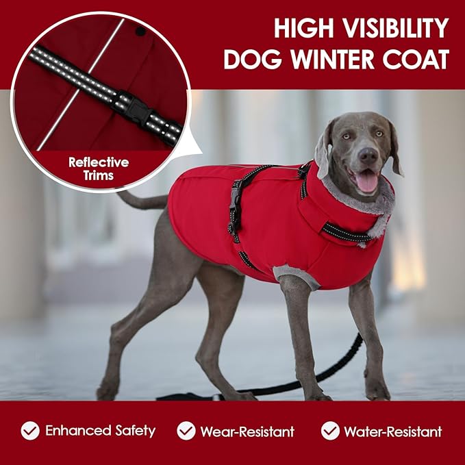 AOFITEE Small Dog Coat with Harness Built in, Fleece Dog Winter Jacket, Reflective Puppy Winter Coat with Zipper On Back, Warm Turtleneck Pet Sweater Windproof Puffer Jacket for Chihuahua, Yorkie, XS