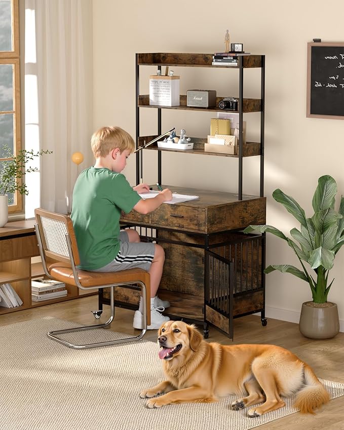 Petrova 72" Tall Dog Crate Furniture with Storage Shelves, 39" Heavy Duty Wooden Dog Kennel Indoor for Medium Dogs, Decorative Dog Cage with Charging Station, LED Light, 2 Drawers, Wheels