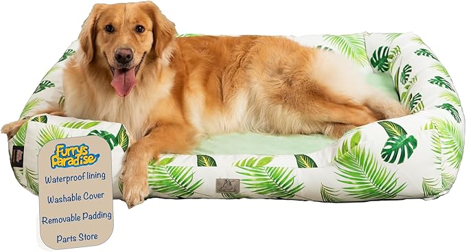 Furry's Paradise Foam Cuddler Pet Bed with Waterproof Liners, Reversible Cushion, Washable Cover, Recycled Fibers and Non-Slip Bottom. (in The Tropics, Orthopedic Large)