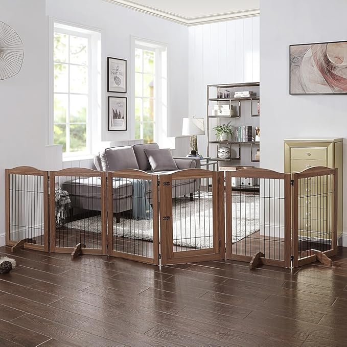 unipaws Pet Playpen with Wood and Wire, 6 Panels Extra Wide Freestanding Walk Through Dog Gate with 5 Support Feet, Foldable Stairs Barrier Pet Exercise Pen for Dogs Cats