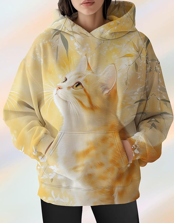 Womens Cat Print Hoodies Trendy Funny Cat Graphic Long Sleeve Sweatshirt Y2k Streetwear Hooded Pullover Tops