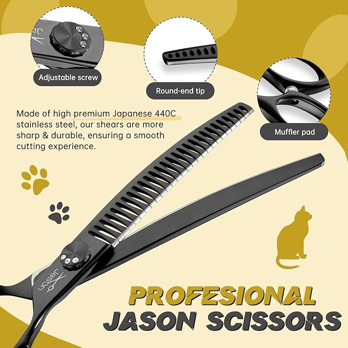 JASON 7" Ergonomic Curved Dog Scissors - Black 440C Stainless Steel Grooming Scissors (28-Teeth, Down-curved)