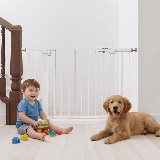 Baby Gate for Stairs, 29.7-43" Auto Close Dog Gate for Doorways & Hallways, Pressure Mounted Pet Gate with Walk Thru Door, Easy Install Safety Gate for Children & Pets, No Drilling, Dual-Lock Design