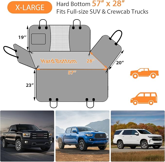 URPOWER XL Back Seat Extender for Dogs, Hard Bottom Dog Car Seat Cover for Full-Size SUVs & Crew Cab Trucks, Waterproof Dog Hammock Pet Travel Bed Rear Seat Protector Holds 400lbs for F150/ Silverado