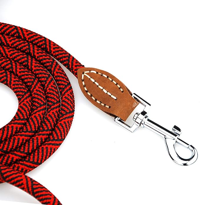 Mile High Life | Mountain Climbing Dog Rope Leash with Heavy Duty Metal Sturdy Clasp | Genuine Leather Tailored Connection with Strong Stitches (Red, 48 Inch (Pack of 1))