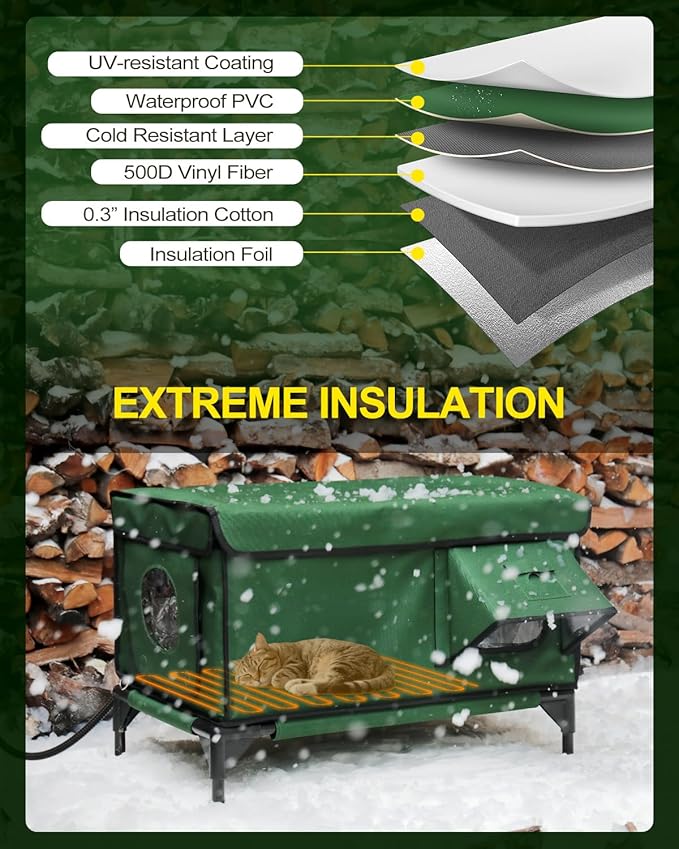 Heated Cat House for Outside,Dual Camera Mounts,100% Weatherproof & Extremely Insulated,Elevated Feral Cat Shelter with Escape Door,Waterproof Eaves for Outdoor Stray Barn Cat(Army Green,S)
