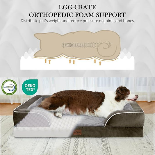 Comfort Expression Orthopedic Dog Bed for Large Dogs 36x27 Inch, Waterproof Supportive Egg Crate Foam Large Pet Bed with Removable Bolsters, Dog Couch with Washable Cover & Non-Slip Bottom, Dark Green