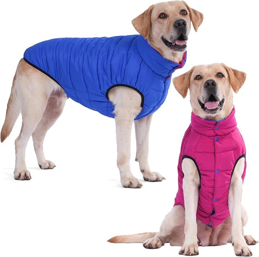 LovinPet Reversible Dog Puffer Coat for Medium & Large Dogs, Down‑Insulated Winter Jacket, Water‑Resistant & Wind‑Resistant, Anti‑Static, Dual-Sided Blue & Red for Cold Weather, 3XL