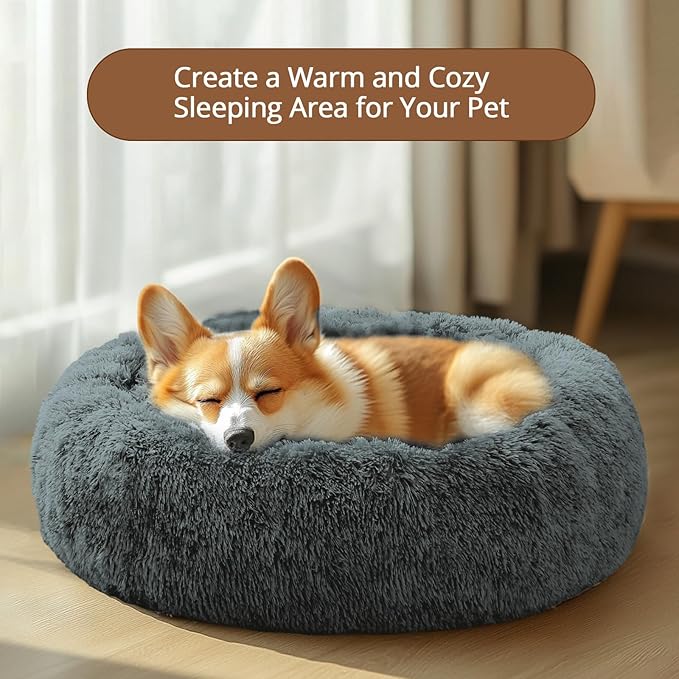 JOLLYVOGUE Small Dog & Cat Beds for Indoor Cats, Donut Cuddler Warming Soft Dog Beds with Anti-Slip Bottom, Round Calming Fluffy Plush Faux Fur Cushion Bed for Medium Dogs (27")