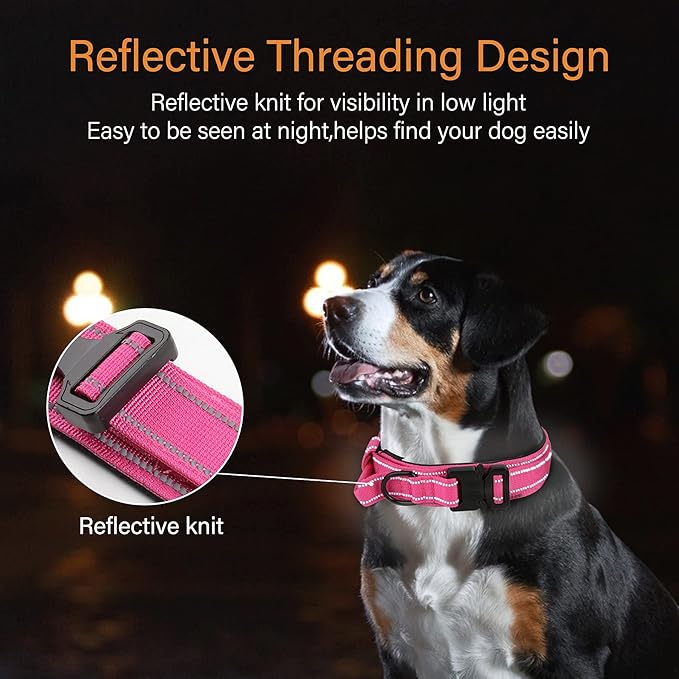 KCUCOP Tactical Dog Collar for Medium & Large Dogs - Military Nylon Heavy Duty Collar with Handle, Reflective Strip & Metal Buckle for Training, Outdoor (Pink Reflective, Medium)