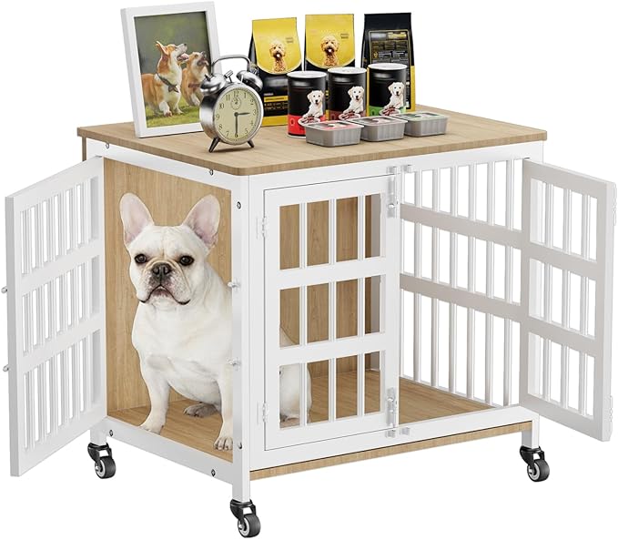 26" Dog Crate Furniture for Small Dogs, Heavy Duty Dog Cage for Small & Medium Dogs with Wheels, Indoor Puppy Crate, 26.6"L x 20.9"W x 23.8"H, Decorate House as TV Stand, End Table — Natural and White