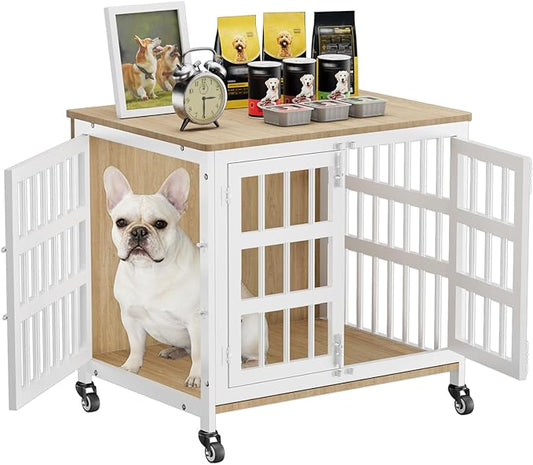 26" Dog Crate Furniture for Small Dogs, Heavy Duty Dog Cage for Small & Medium Dogs with Wheels, Indoor Puppy Crate, 26.6"L x 20.9"W x 23.8"H, Decorate House as TV Stand, End Table — Natural and White