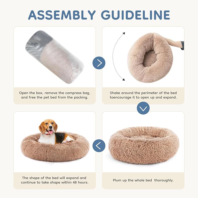 DUMOS 24.8x24.8 Inch Calming Donut Dog Beds for Medium Dogs, Machine Washable Cuddler Warming Cozy Fluffy Faux Fur Plush Round Pet Bed, Anti-Slip Bed for Indoor Dogs and Cats, Brown(2 Pack)