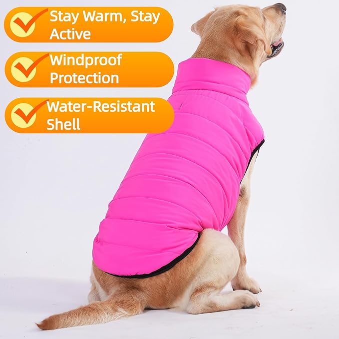 LovinPet Reversible Dog Puffer Coat for Medium & Large Dogs, Down‑Insulated Winter Jacket, Water‑Resistant & Wind‑Resistant, Anti‑Static, Dual-Sided Pink & Black for Cold Weather,3XL