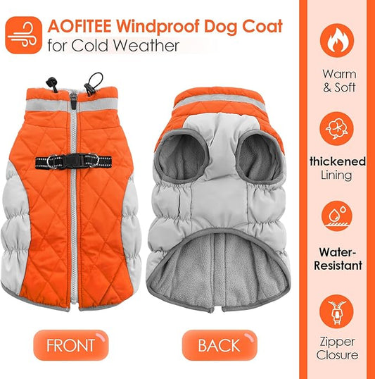 AOFITEE Dog Coat, Warm Dog Jackets for Small Dogs, Dogs Winter Coat with Harness Built in, Reflective Pet Winter Jacket, Waterproof Windproof Puppy Puffer Jacket Fleece Vest, Orange XS