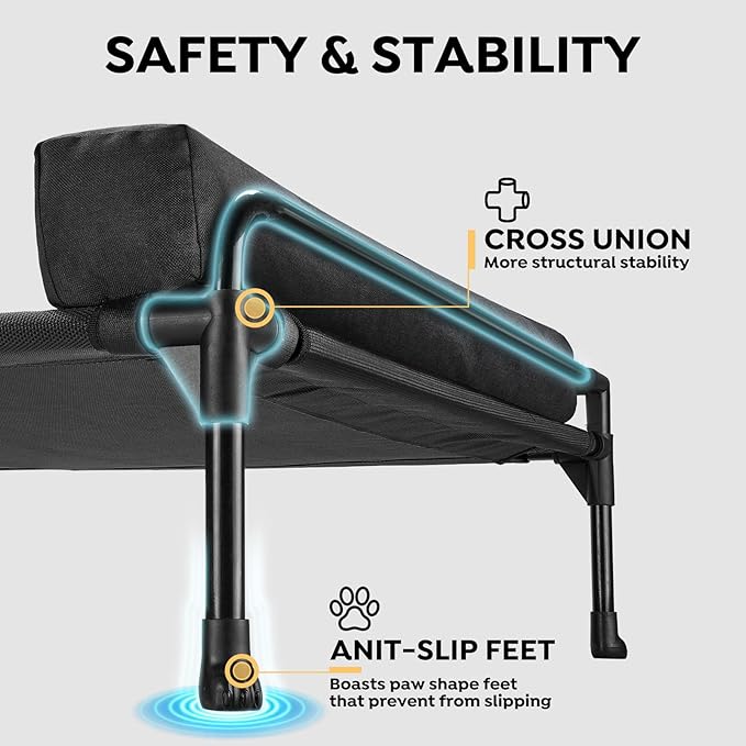 Veehoo Elevated Raised Dog Bed-Cooling Outdoor Dog Cot Bed for Medium Sized Dogs Three-Sided Fence Raised Pet Cot with Mesh & No-Slip Feet Dog Hammock Bed with Removable Bolster-29 x 18" Black