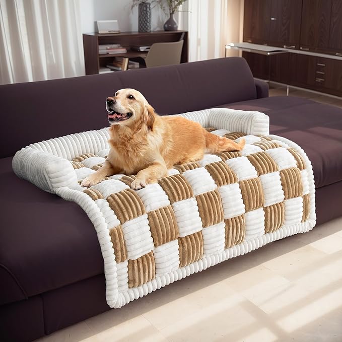 LiveGo Fuzzy Pet Couch Covers for Sofa, Dog Couch Cover Fuzzy Sofa Cover Cream Square Plaid Dog Bed Plush Dog Mat for Furniture Protector for Large Medium Dogs and Cats (Light Brown, 35.4"*35.4")