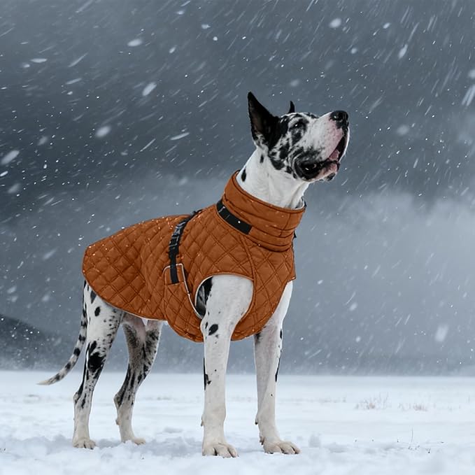 Kuoser Dog Coat Warm Fleece Lining Turtleneck Dog Jacket with Harness Built-in, Windproof Cold Weather Coats with Quick Release Buckle Pet Winter Snowsuit for Extra Large Dogs Great Dane, Khaki 3XL