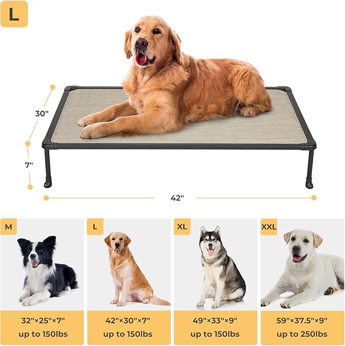 Veehoo Chewproof Elevated Dog Bed - Cooling Raised Pet Cot, Breathable Mesh, Washable & Non-Slip for Large Dogs, Indoor/Outdoor, Beige Coffee Mat and Black Frame, 42x30inches (Model CWC2203A03)