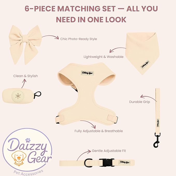 Large Dog Harness Set – Cute No Pull, All Weather, Breathable Harness and Leash Set with Collar, Bandana, Sailor Bow & Poop Bag Holder – Adjustable, Soft & Stylish – Cream Hearts on Jacquard Fabric