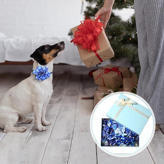 Reginary 40 Pcs Winter Dog Bandanas Bulk Blue Snowflake Cat Bow Ties Collars Adjustable Winter Wonderland Dog Collar with Bow Kerchief Bibs Set for Small Medium Pet Costume Grooming Accessories