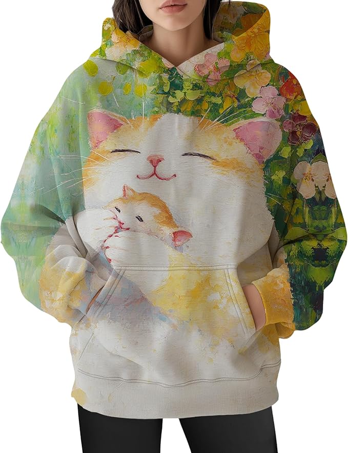 Womens Cat Print Hoodies Trendy Funny Cat Graphic Long Sleeve Sweatshirt Y2k Streetwear Hooded Pullover Tops