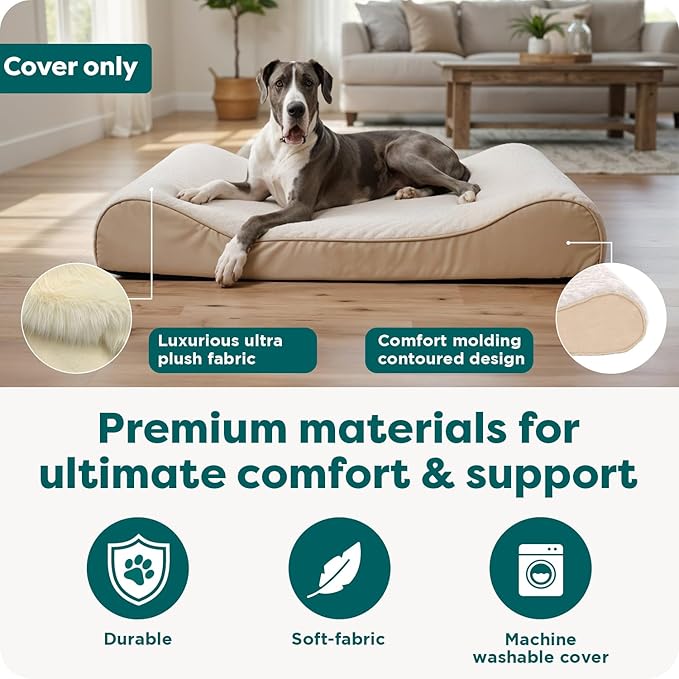 FurHaven Replacement Dog Bed Cover, Contour Luxe Lounger Design, Soft & Breathable Fabric for Cozy Comfort, Machine Washable, Jumbo Plus/XXL, Ultra Plush Faux Fur & Suede, Cream