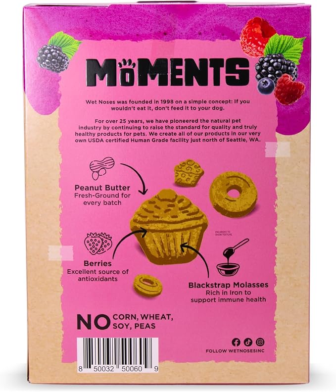 Wet Noses Moments Non-GMO Peanut Butter & Berry Crunchy Dog Treats - 14oz | No Corn, Wheat, Soy or Peas, Made with 5 Simple Ingredients