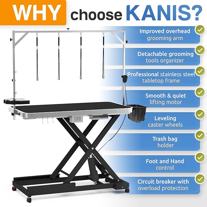 KANIS - 49" Professional Electric Dog Grooming Table, Black + 50" Professional Stainless Steel Dog Bathing Station, Right RAMP
