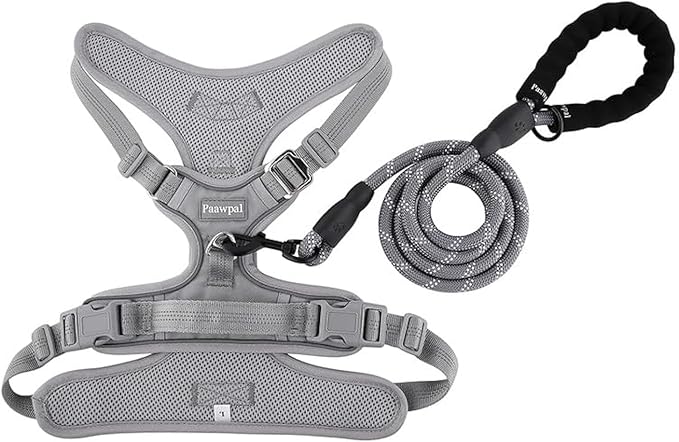 Adjustable Dog Harness - No Pull, Reflective, Soft Padded for Small, Medium, Large Dogs - Includes Leash Light Silver L
