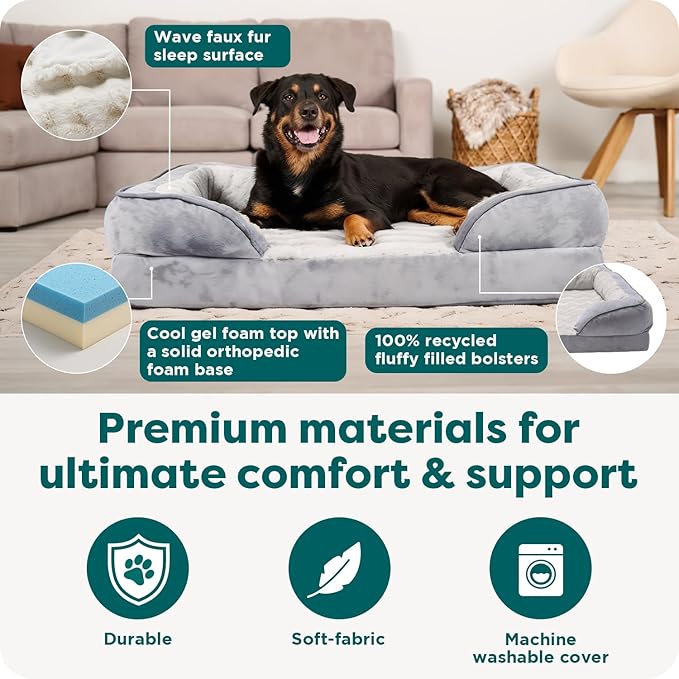 FurHaven Cooling Gel Dog Bed for Large Dogs, Perfect Comfort Sofa Bed with Cool Gel-Top Foam & Solid Orthopedic Foam Base for Joint Support, Washable Cover, Jumbo/XL, Plush & Velvet, Granite Gray