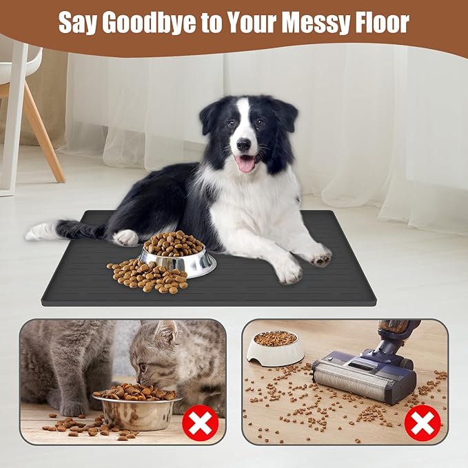 18"x12" Dog Food Mat, Silicone Dog and Cat Mats for Food and Water Bowls, Waterproof Raised Edge Pet Feeding Mat for Contain Spills Protects Floors, Multiple Colors & Sizes for Pets, Brown