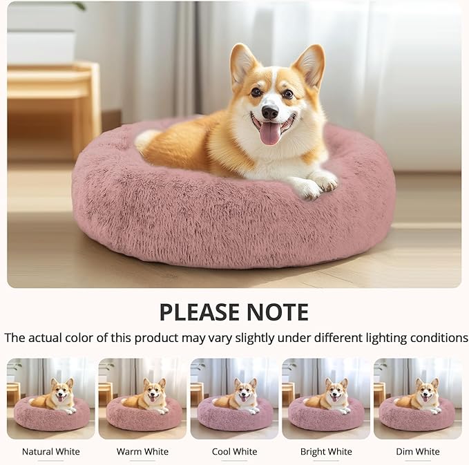 JOLLYVOGUE Small Dog & Cat Beds for Indoor Cats, Donut Cuddler Warming Soft Dog Beds with Anti-Slip Bottom, Round Calming Fluffy Plush Faux Fur Cushion Bed for Large Dogs (36", Dark Pink)