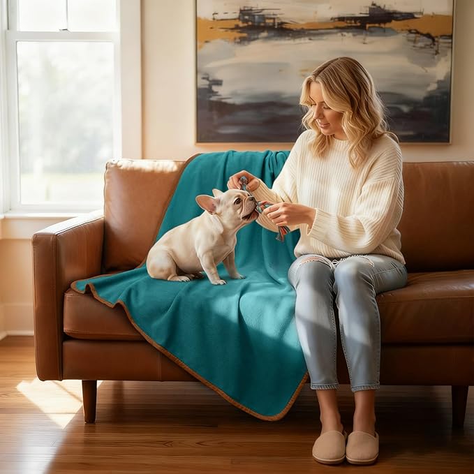 Luciphia 100% Waterproof Blanket for Adults or Medium Large Dogs, Soft Polar Fleece Pet Blankets for Bed Couch Protector Washable, Reversible Leakproof Furniture Protection,Teal Camel,65x57 inch