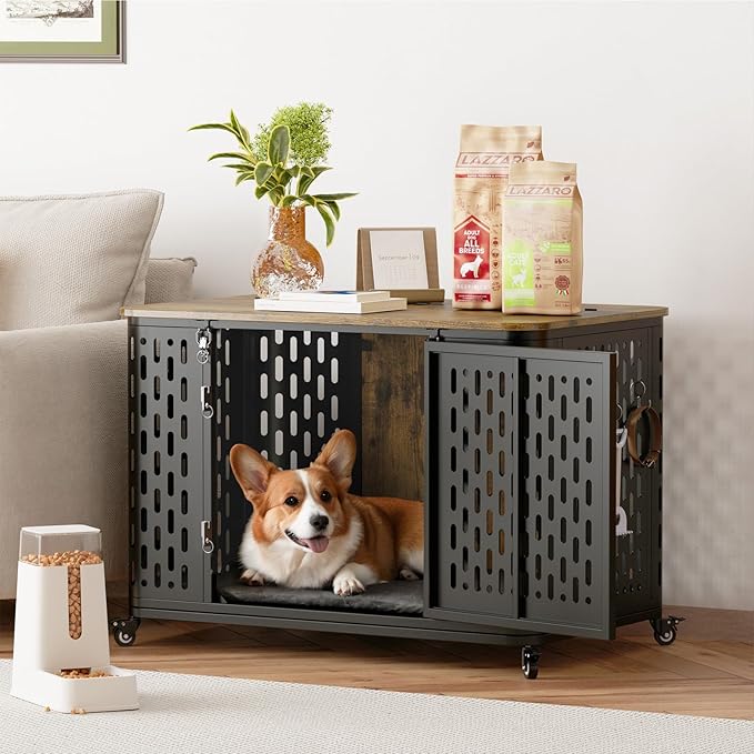 ONBRILL Dog Crate with Cushion, 38" Wood Heavy Duty Dog Crate Furniture with Flip Top & Wheels for High Anxiety Dog, Escape Proof Pet Cage for Small/Medium Dogs