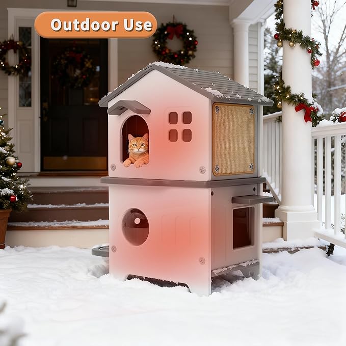 Rockever Outdoor Cat House with Insulated Liner, 100% Insulated Cat Houses for Winter Outside, 2 Story Waterproof Cat House For Outdoor Cats, Sturdy Stainless Steel Bowl & Scratching Post,Clean Easily