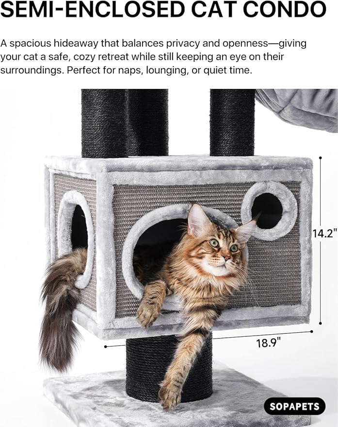 Maine Coon Cat Tree for Indoor Cats Large Adult,Modern Cat Tower for Extra Large Cats 20 lbs+,Heavy Duty Cat Tree with Sisal Scrathing Post,Hammock,Perch,Condo,Bed (Dark Gray)