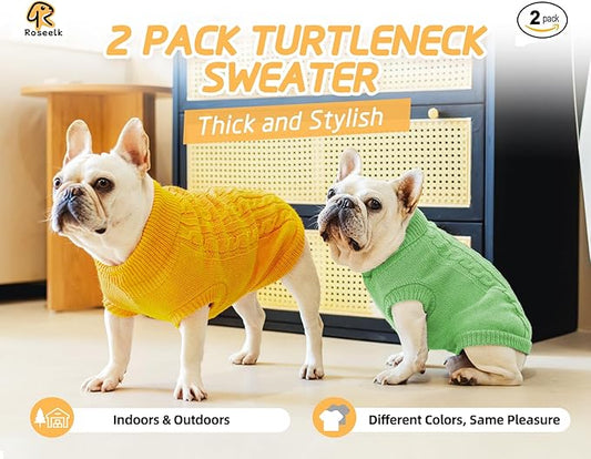 2 Pack Dog Sweaters for Small Dogs - Puppy Medium Warm Clothes in Winter, Turtleneck Pullover Design for Boy Girl Pet, Doggie, Cat, Kitten Chihuahua Bulldog Pug Beagles (XS, Yellow, Green)