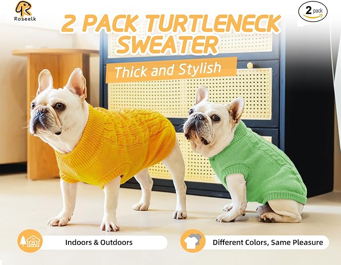 2 Pack Dog Sweaters for Small Dogs - Puppy Medium Warm Clothes in Winter, Turtleneck Pullover Design for Boy Girl Pet, Doggie, Cat, Kitten Chihuahua Bulldog Pug Beagles (M, Yellow, Green)
