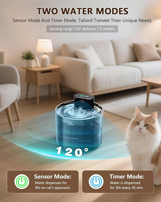 Cordless Cat Water Fountain, 3.5L/119oz Wireless Pet Fountain with Stainless Steel Tray, 60-Day Battery, Motion Sensor & Timer, Cat/Dog Water Bowl Dispenser - Ultra Quiet 6-Stage Filtration