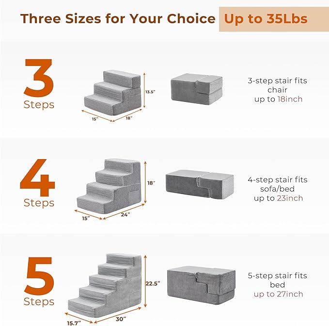 HYLEORY Dog Stairs for Bed 18''H, 4-Step Pet Stairs for Small Dogs & Cats, Sturdy Pet Steps with Non-Slip Bottom, Functional Portable Dog Ramp for Couch/Chair/Sofa/Car, Storage Pocket, Light Grey