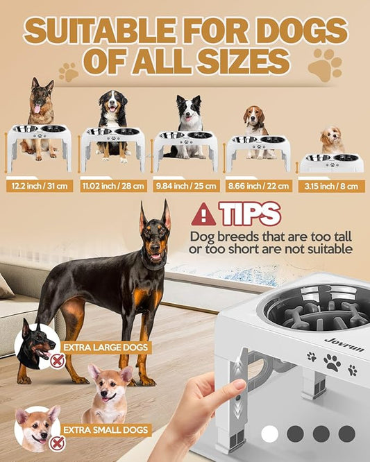 Elevated Dog Bowls, Dog Feeder with Stainless Steel Dishes & Slow Feeder Bowl, 5 Heights Adjustable Raised Stand for Medium Large, Food Dishes with Non-Slip Feet