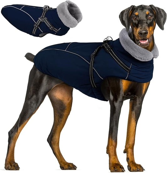 Queenmore Large Dog Jackets,Dog Coats for Extra Large Dogs with Harness Built in,Reflective Waterproof Dogs Jackets with Fleece Lining,Warm Snowsuit Pet Coats for German Shepherd,NavyBlue,XXXL