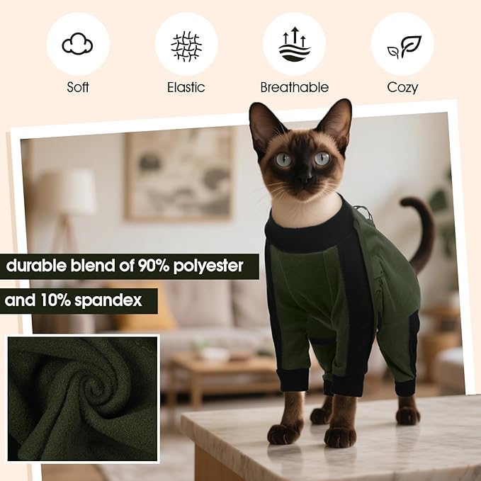 DENTRUN Cat Clothes with Anti-Shedding Fabric - Soft Recovery Suit & Breathable Lint-Resistant Cat Sweater for Wound Care & Hair Control, Kitten Onesie Pajamas, L, Army Green