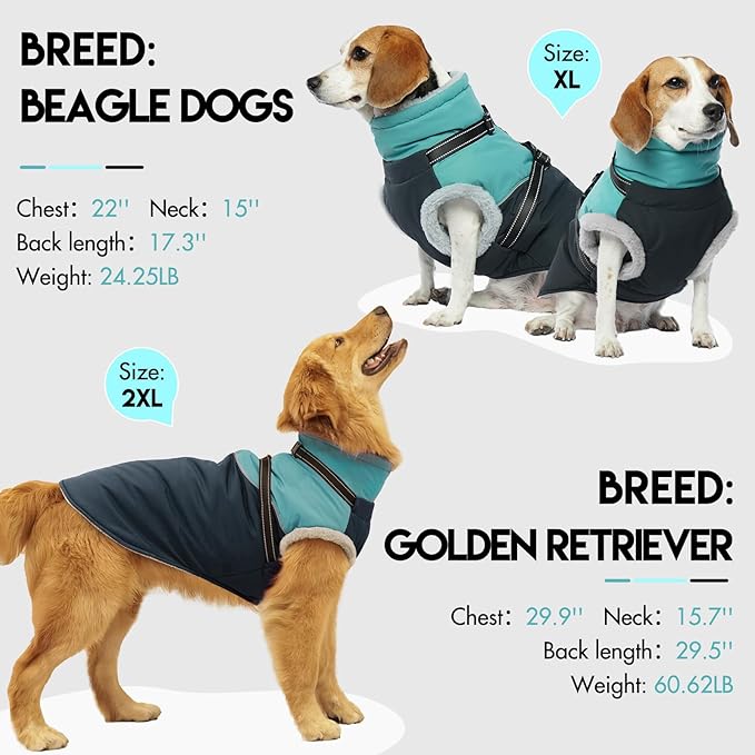 Large Dog Jacket - Built-in Harness, Waterproof & Windproof, Fleece Lined, Perfect for Snow & Winter
