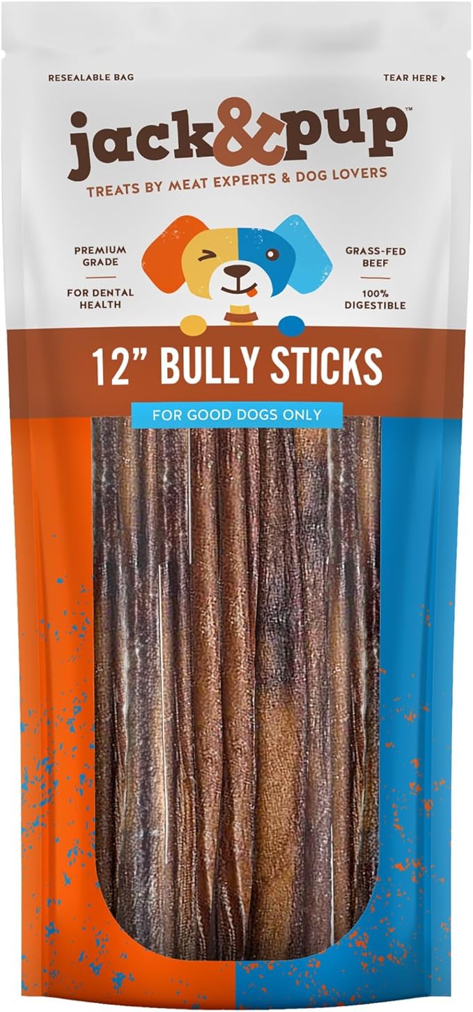 Jack&Pup 12 Inch Standard Bully Sticks for Medium and Large Dogs (10 Pack) Single Ingredient Dog Chew Bully Stick