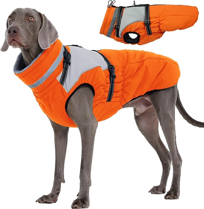 Kuoser Dog Coat, 2 in 1 Dog Jacket with Harness Built in, Winter Waterproof Puppy Puffer Jacket Snowsuit for Small Medium Large Dogs, Cold Weather Reflective Pet Fleece Hunting Vest with Zipper