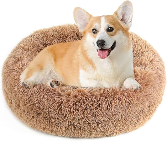 NOYAL Calming Donut Dog Bed for Small to Medium Dogs & Cats - Plush Faux Fur Anti-Anxiety Pet Bed with Machine Washable Cover & Non-Slip Base